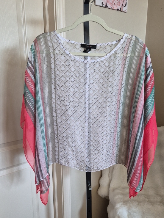 Style & Co. Tops - Women's Sheer Striped Draped Blouse in Cream and Coral Scarf Style M